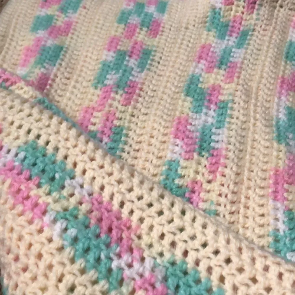 Handmade Baby Blanket in Pastel Green, Pink and Yellow, 34”x62”